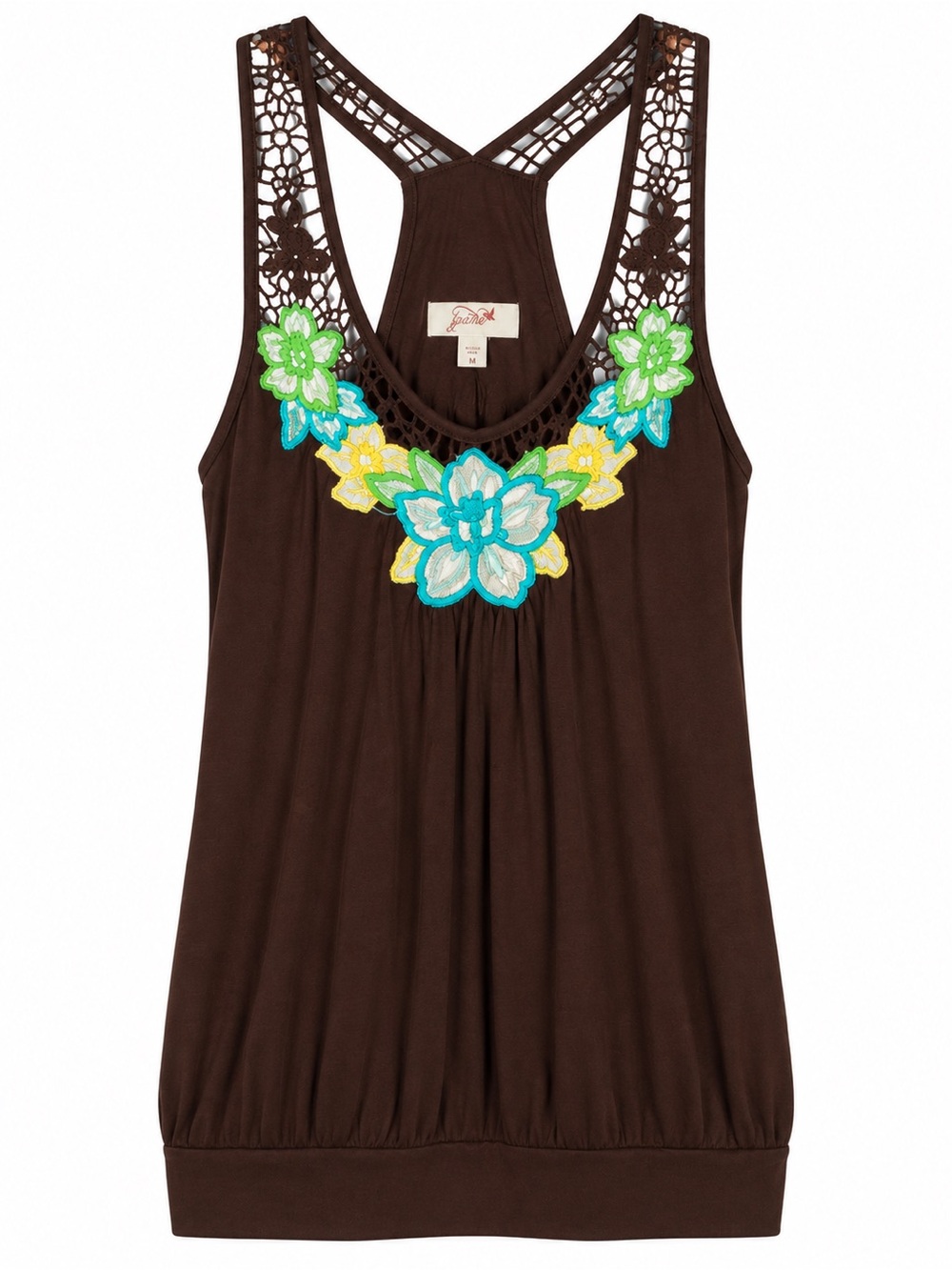 Graine Women’s Floral Embroidered Crochet Racerback Tank Top Brown Medium